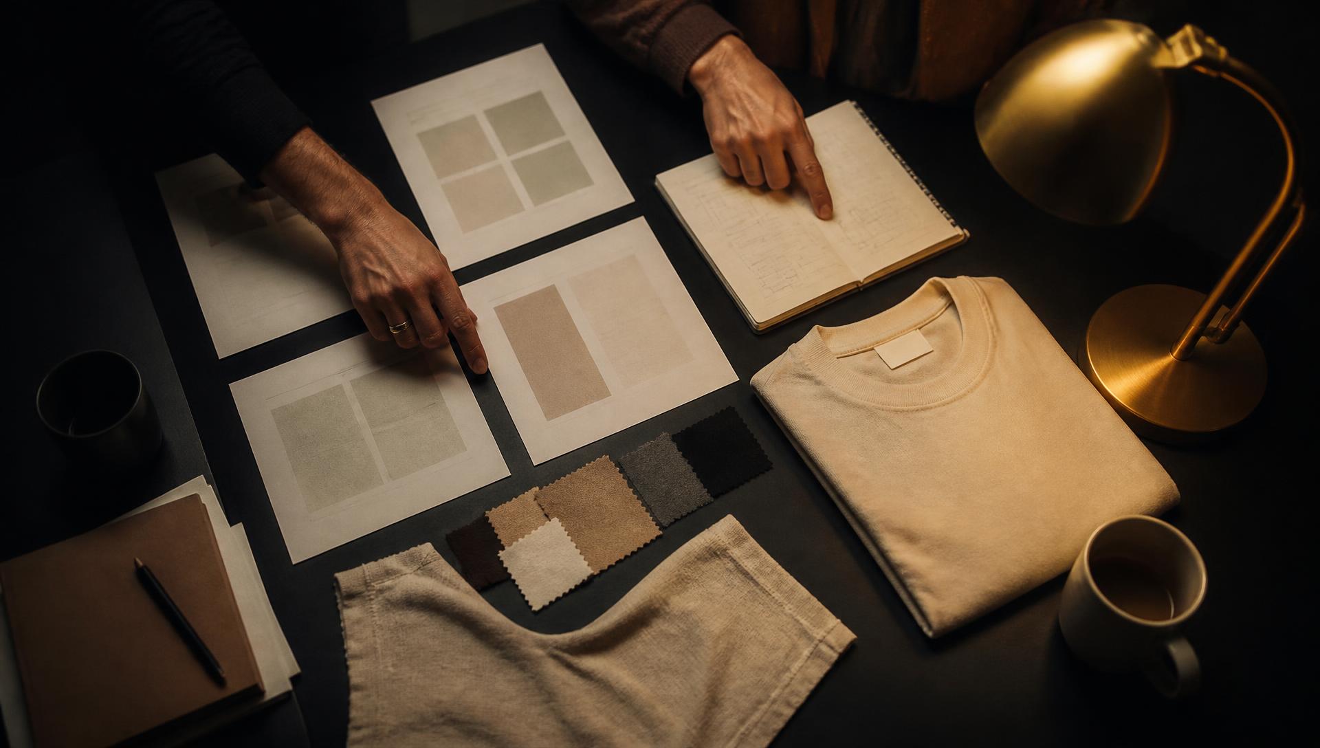 Mockup sheets, fabric swatches and a blank folded tee on a studio table