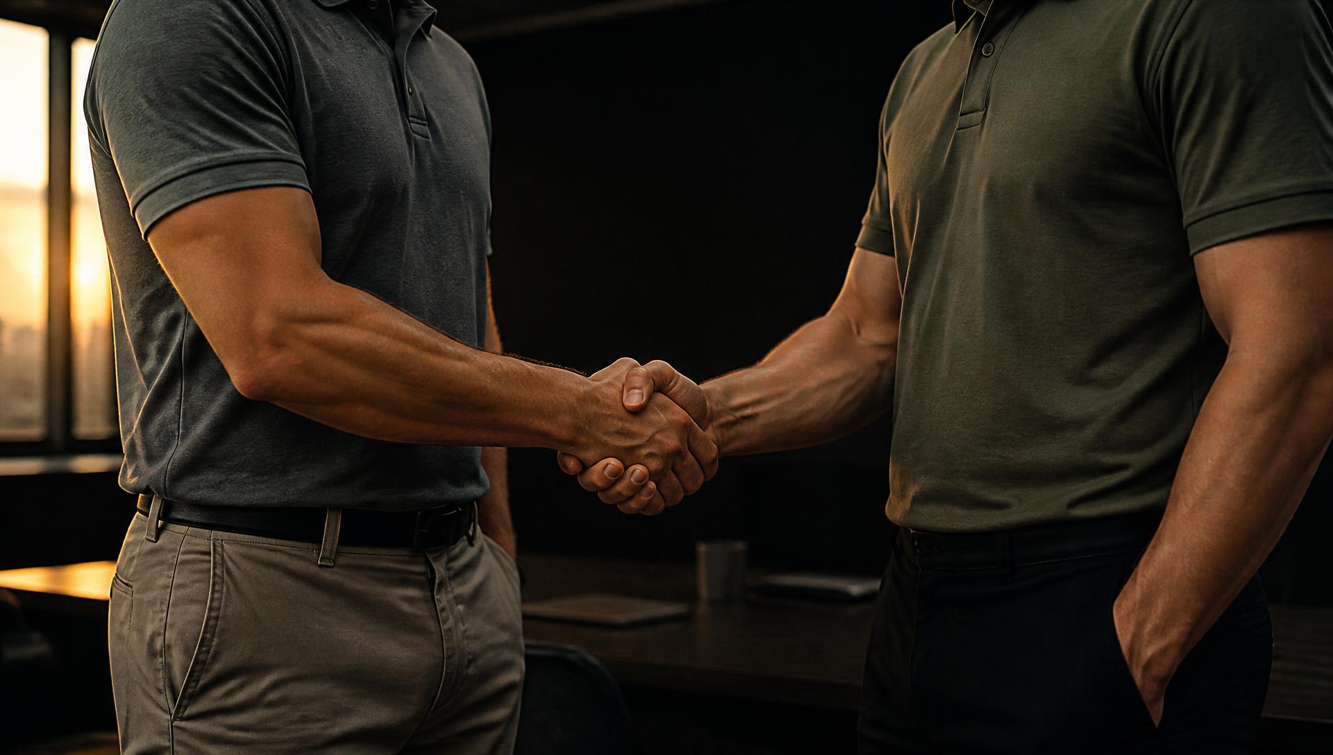 Two colleagues in plain golf-style polo shirts shaking hands