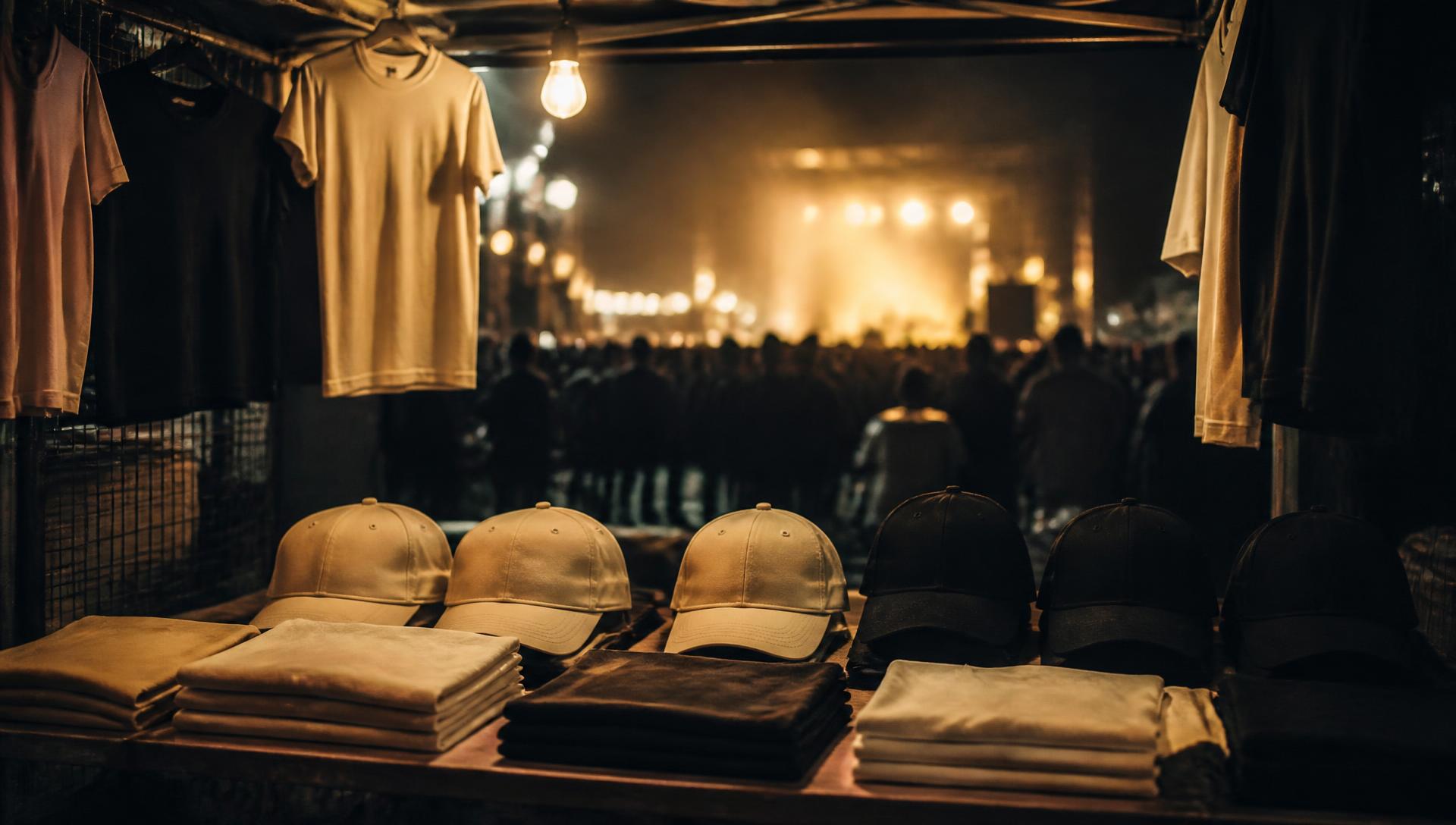 Merchandise stall at a live show with blank tees and caps