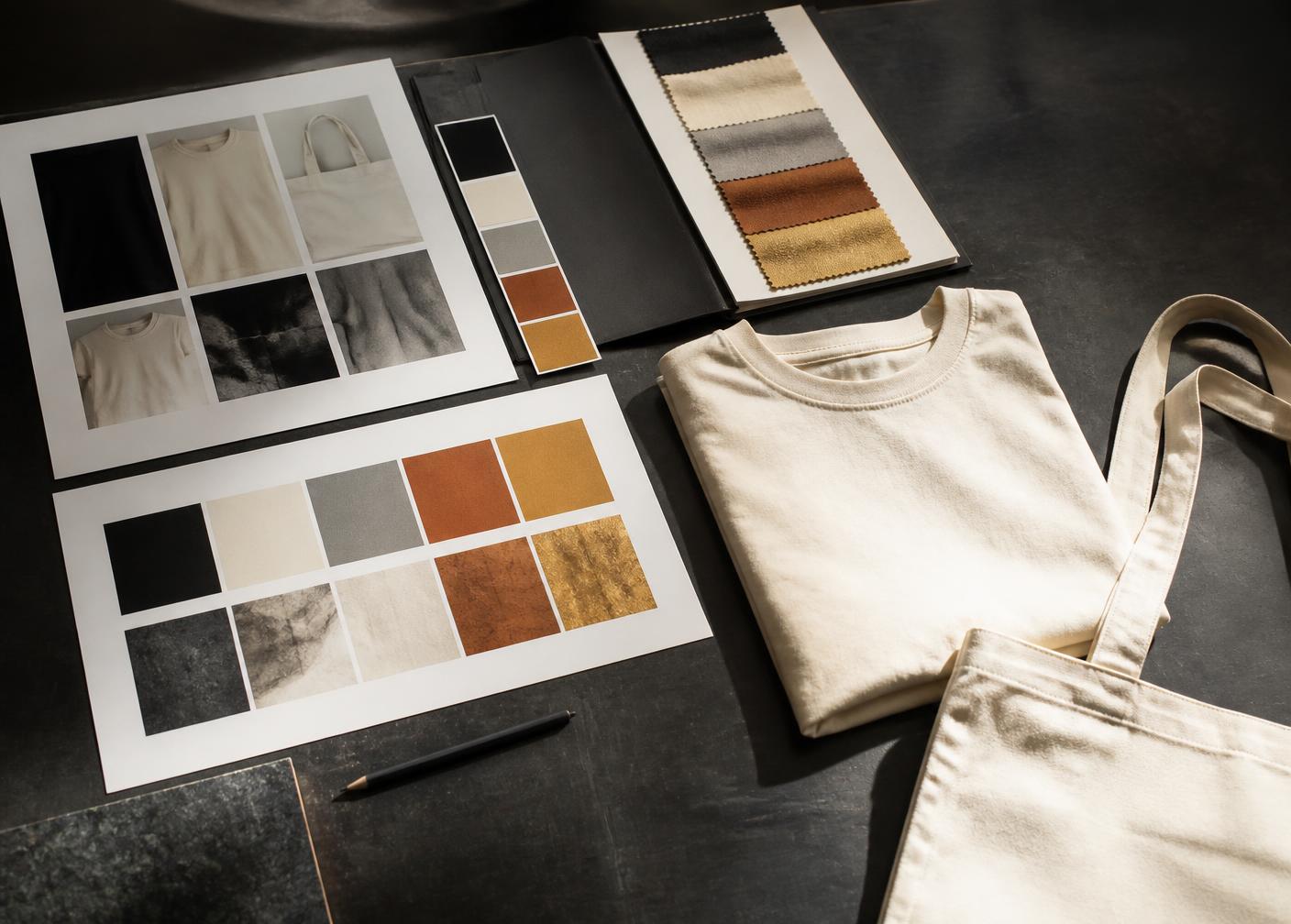 Mock-up sheets, fabric swatches and a blank sample tee laid out for approval